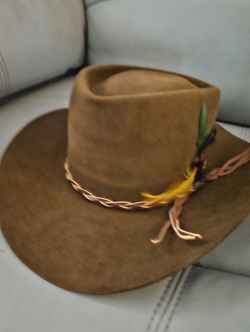 Brown Suede Wide-Brim Stepson Fedora Hat with Feather Accent